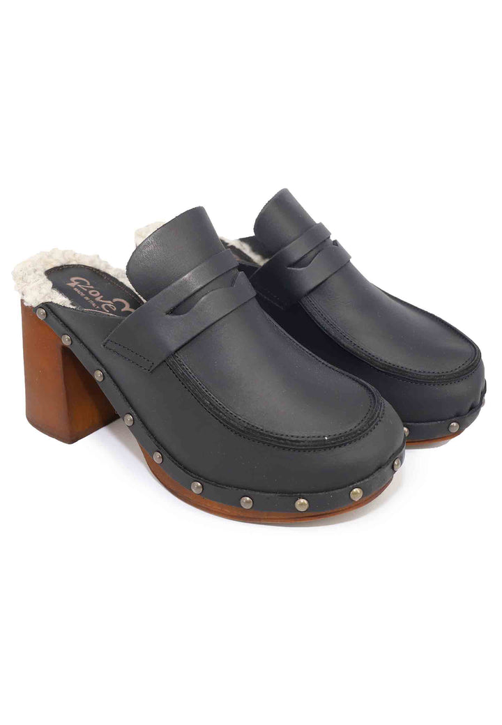 Spatarella Zoccoli donna in pelle nera con sottopiede in eco fur e tacco alto Officina