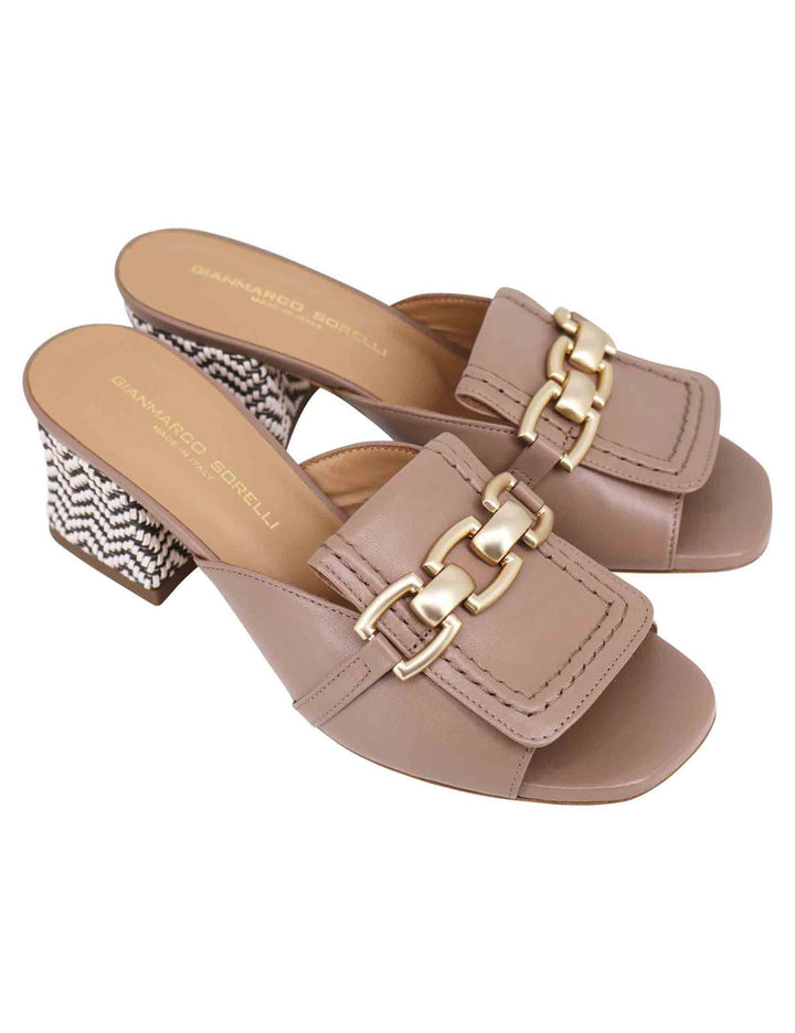 Spatarella Sandali donna in pelle taupe con morsetto in oro In Saldo