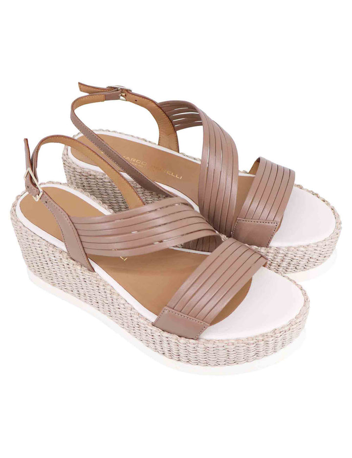 Spatarella Sandali slingback donna in pelle taupe con zeppa bassa fasciata in tessuto Moda