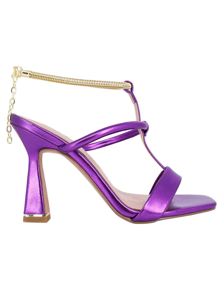 Spatarella Sandali donna in eco pelle viola con tacco alto e cavigliera morbida in oro Spedizione gratuita