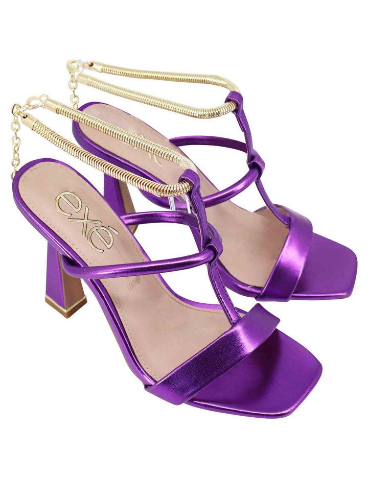 Spatarella Sandali donna in eco pelle viola con tacco alto e cavigliera morbida in oro Spedizione gratuita