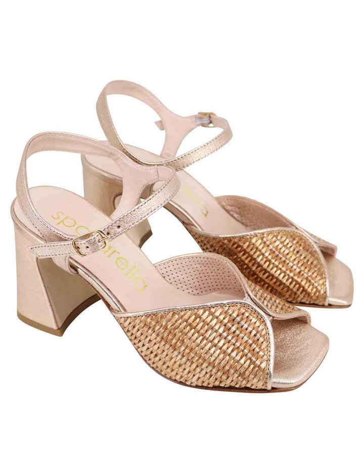 Spatarella Sandali donna in pelle oro laminata con tacco alto e cinturino alla caviglia Sconto di tempo limitato