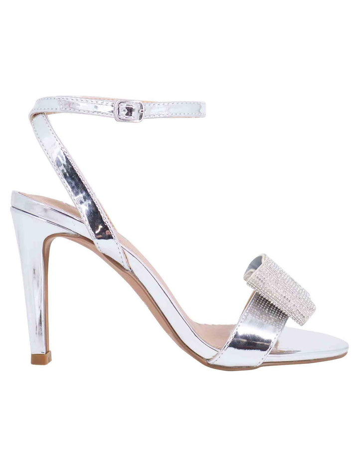 Spatarella Sandali donna in eco pelle laminata argento con tacco alto e strass Prezzo di fabbrica