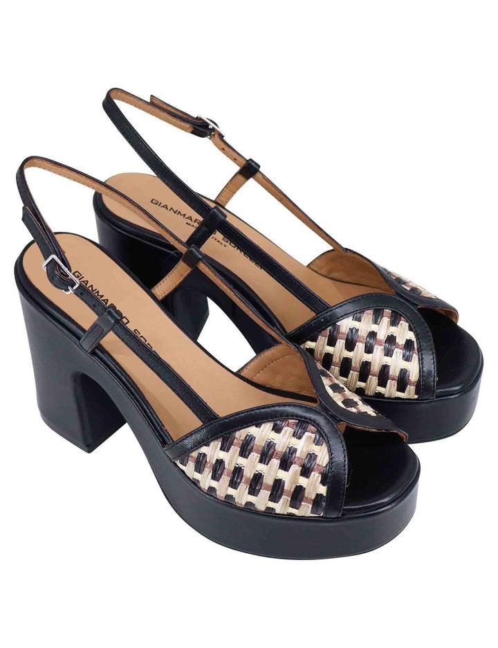 Spatarella Sandali donna slingback in pelle nera bicolore con tacco alto e plateau Offerta speciale