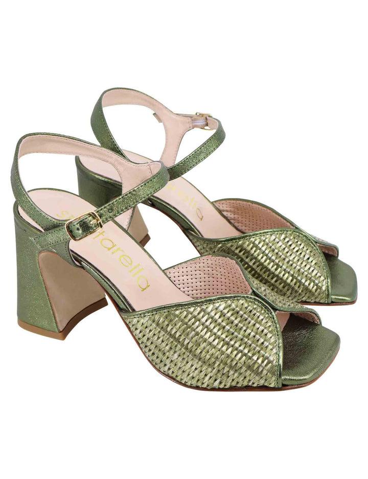Spatarella Sandali donna in pelle verde laminata con tacco alto e cinturino alla caviglia Comprare a buon mercato