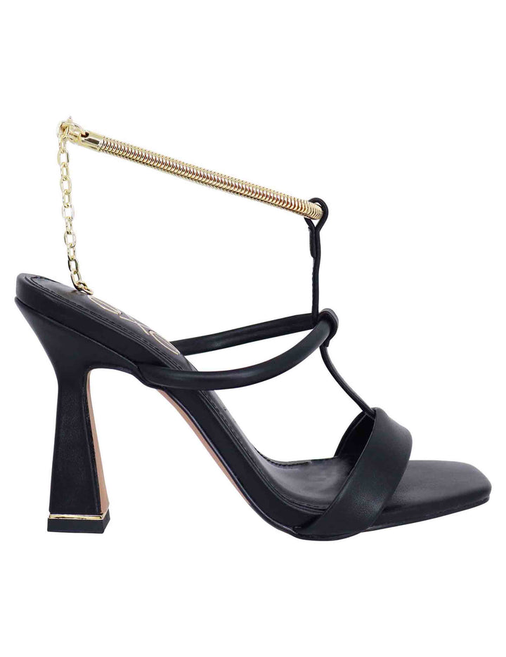 Spatarella Sandali donna in eco pelle nera con tacco alto e cavigliera morbida in oro Fornitura limitata