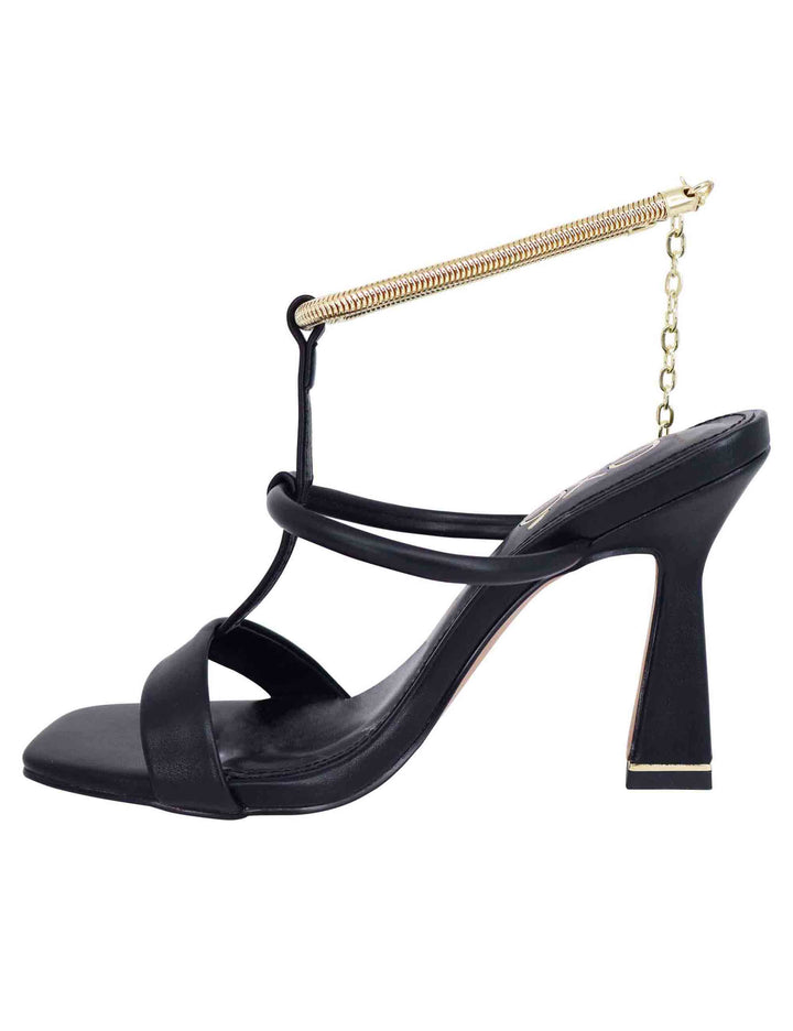Spatarella Sandali donna in eco pelle nera con tacco alto e cavigliera morbida in oro Fornitura limitata