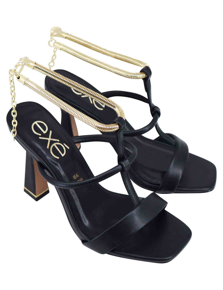 Spatarella Sandali donna in eco pelle nera con tacco alto e cavigliera morbida in oro Fornitura limitata