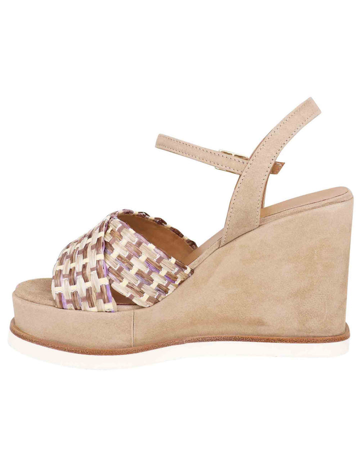 Spatarella Sandali donna in camoscio beige con cinturino alla caviglia e zeppa alta Shopping online