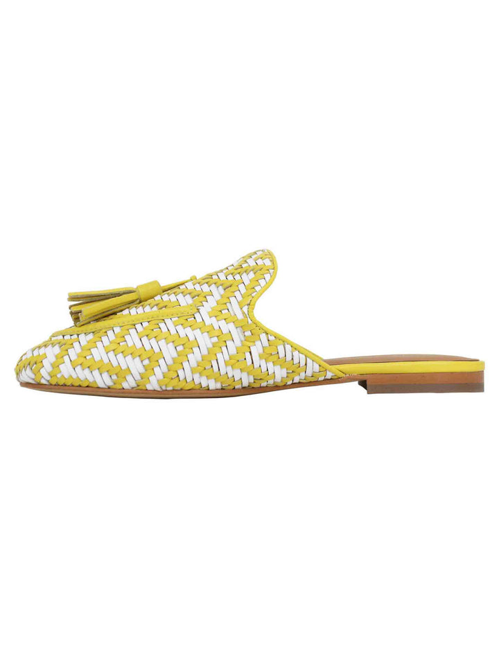 Spatarella Sabot donna in pelle intrecciata bianca e giallo con nappine e tacco basso Offerta natalizia
