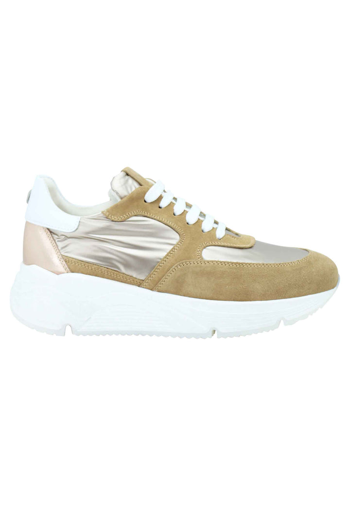 Spatarella Sneakers donna in pelle e tessuto cammello con fondo gomma bianco Latest fashion
