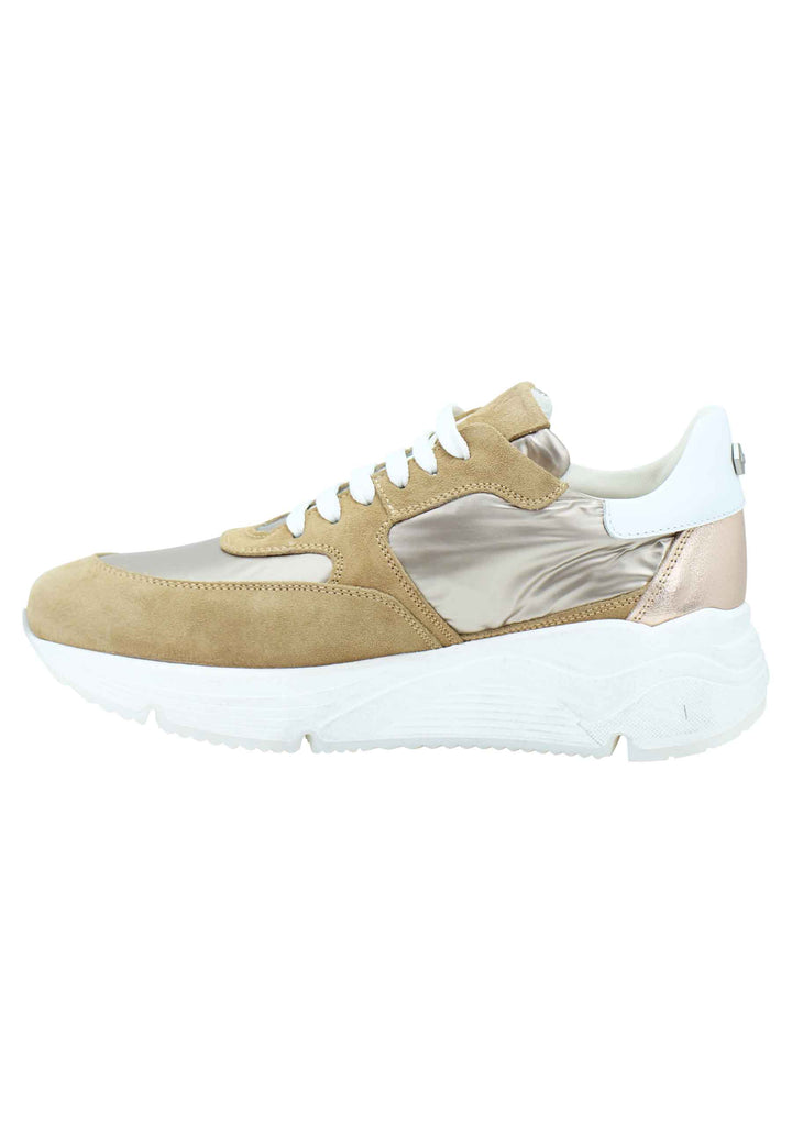 Spatarella Sneakers donna in pelle e tessuto cammello con fondo gomma bianco Latest fashion