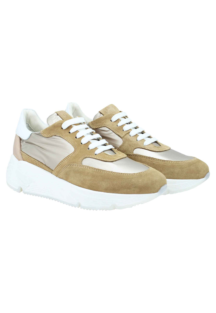 Spatarella Sneakers donna in pelle e tessuto cammello con fondo gomma bianco Latest fashion