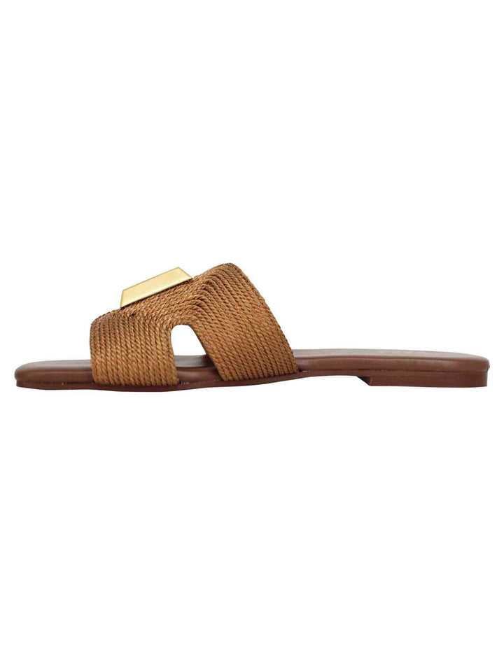 Spatarella Sandali flat donna in tessuto cuoio con borchia in oro e punta quadra Esporta salva