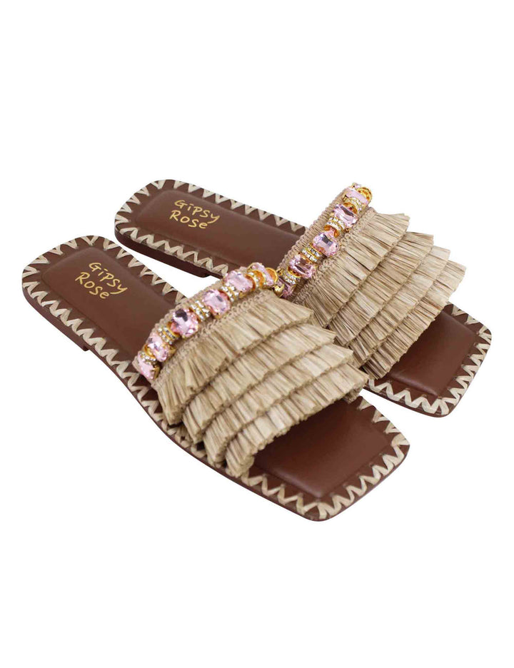 Spatarella Sandali flat donna in rafia beige con pietre e punta quadra Sconti questo mese