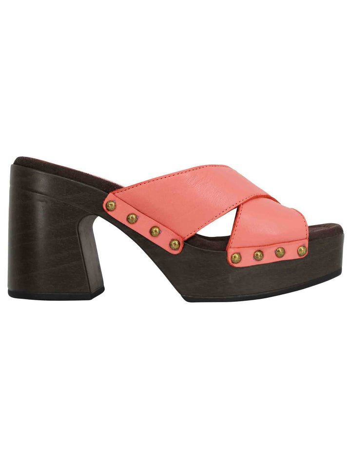 Spatarella Sandali zoccoli donna in pelle rosa ad incrocio con tacco alto Italy