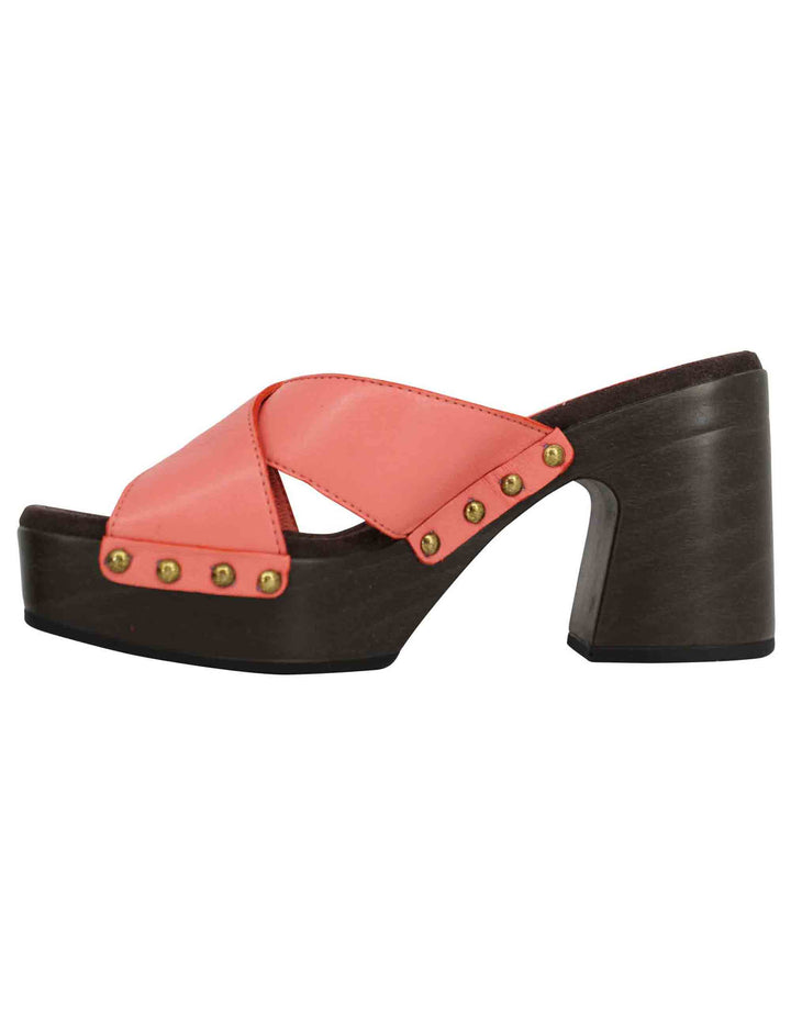 Spatarella Sandali zoccoli donna in pelle rosa ad incrocio con tacco alto Italy