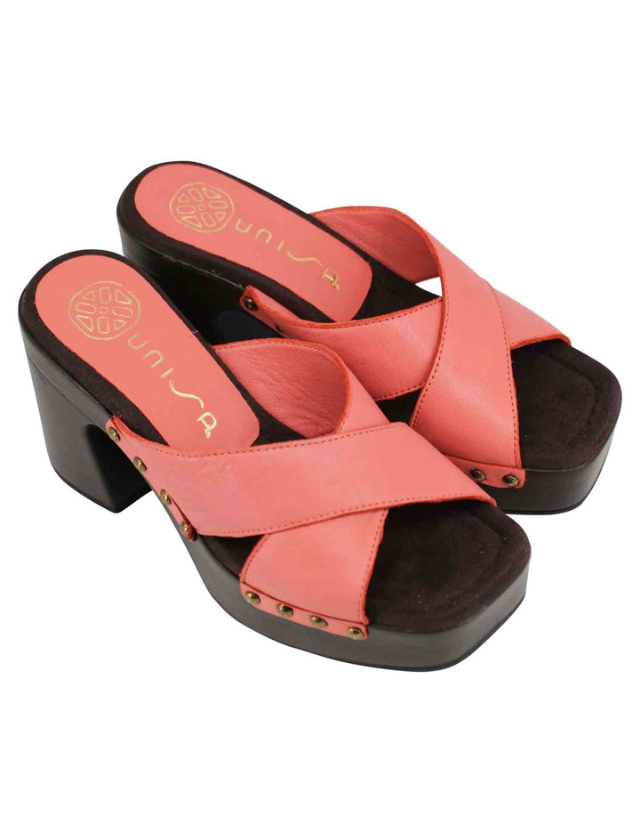 Spatarella Sandali zoccoli donna in pelle rosa ad incrocio con tacco alto Italy