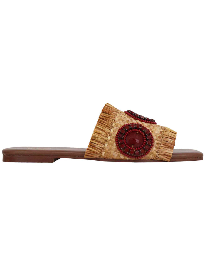 Spatarella Sandali flat donna in rafia cuoio con accessori e punta quadra Italia