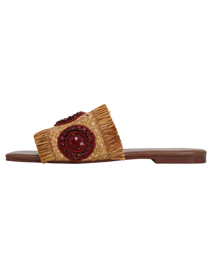 Spatarella Sandali flat donna in rafia cuoio con accessori e punta quadra Italia