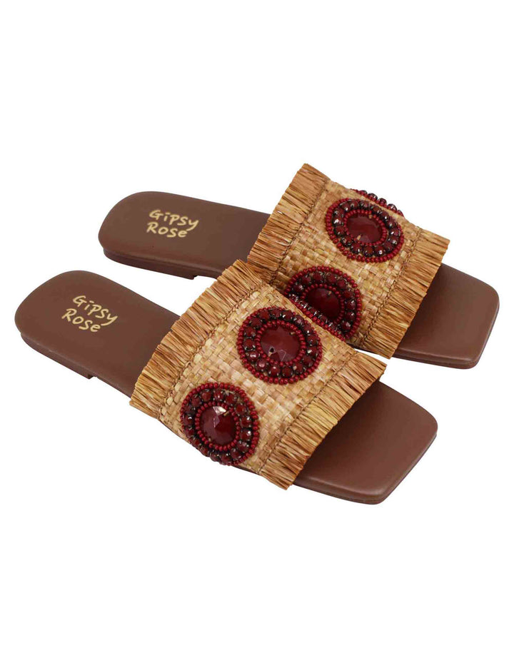 Spatarella Sandali flat donna in rafia cuoio con accessori e punta quadra Italia