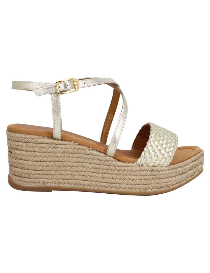 Spatarella Sandali donna in pelle laminata platino intrecciata con zeppa in corda Offerta migliore