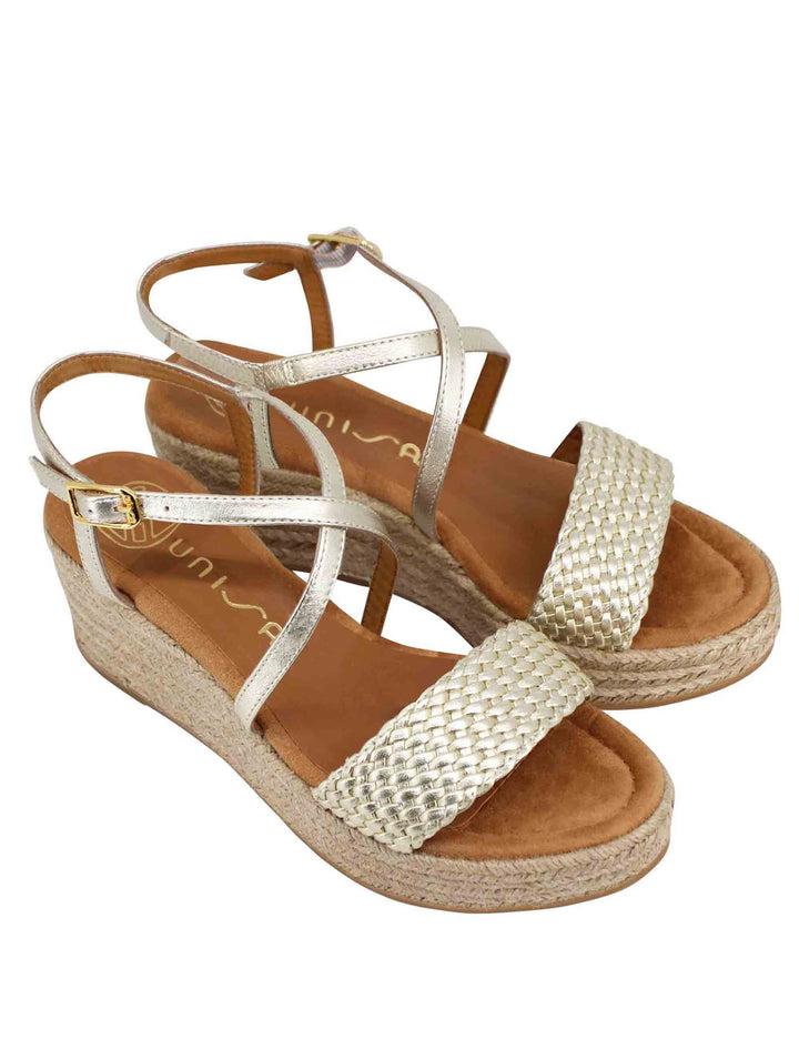 Spatarella Sandali donna in pelle laminata platino intrecciata con zeppa in corda Offerta migliore