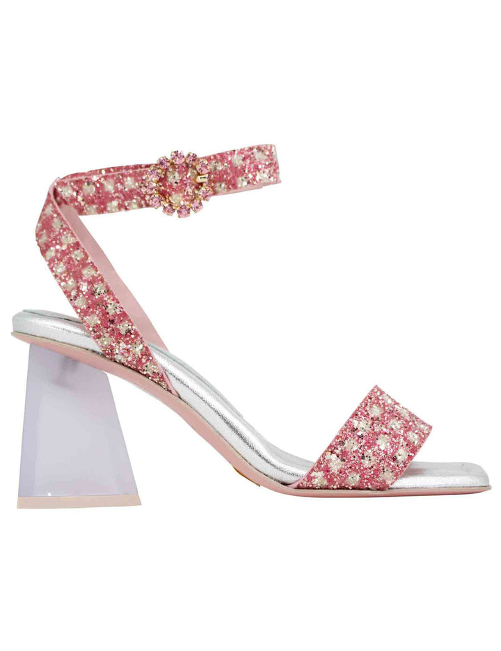 Spatarella Sandali donna in tessuto rosa con punta quadra e tacco alto Liquidazione