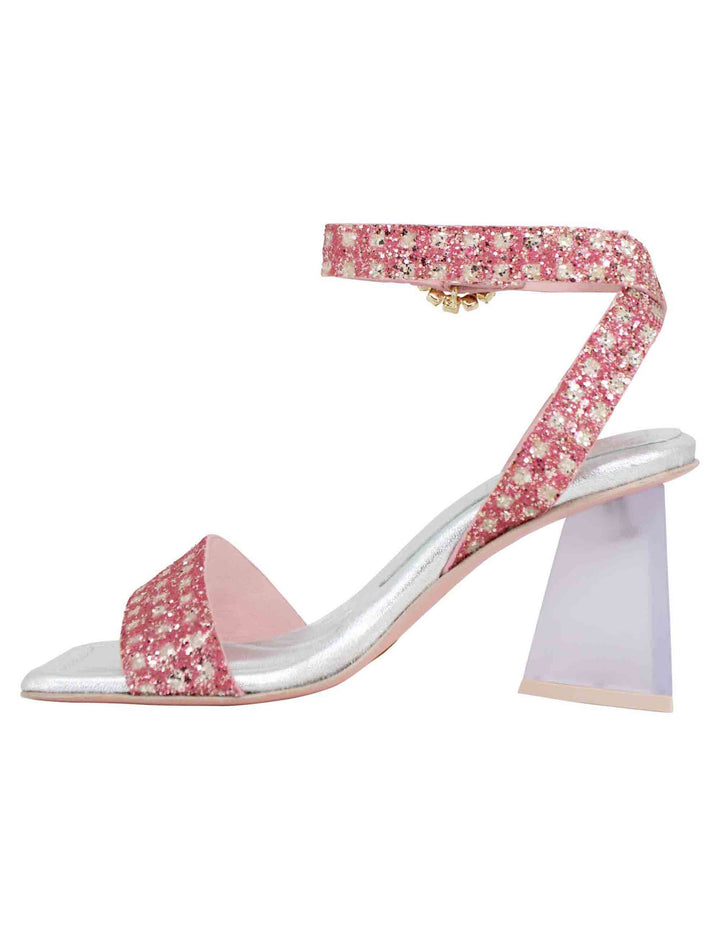 Spatarella Sandali donna in tessuto rosa con punta quadra e tacco alto Liquidazione