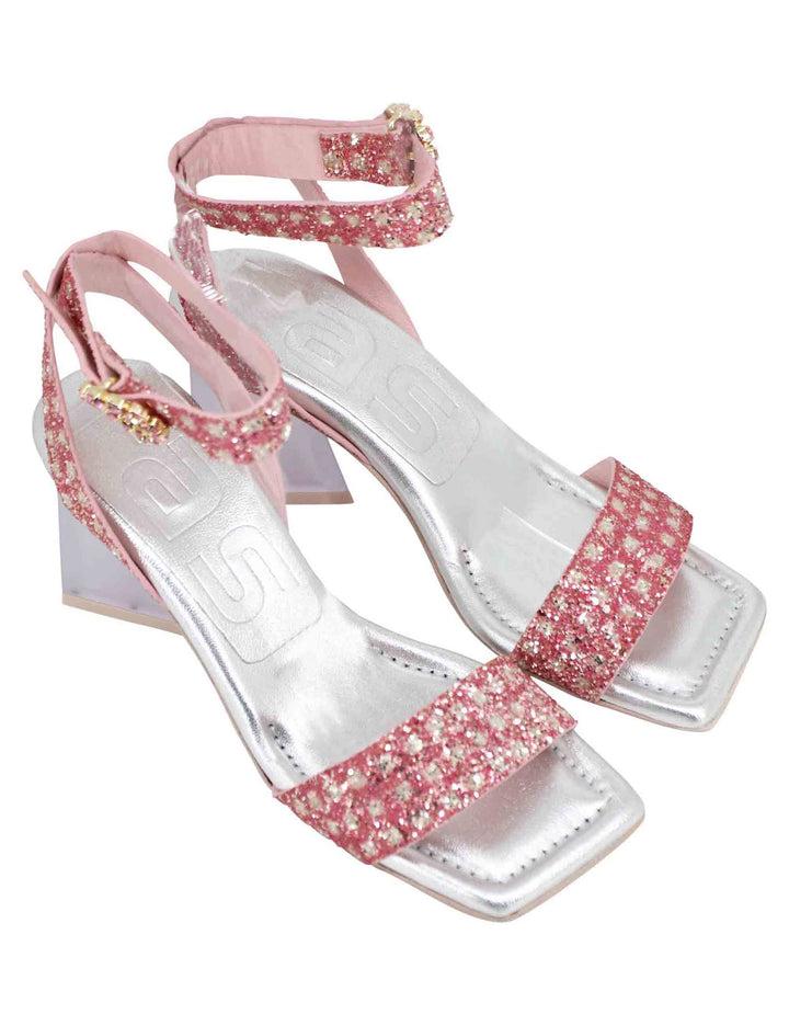 Spatarella Sandali donna in tessuto rosa con punta quadra e tacco alto Liquidazione