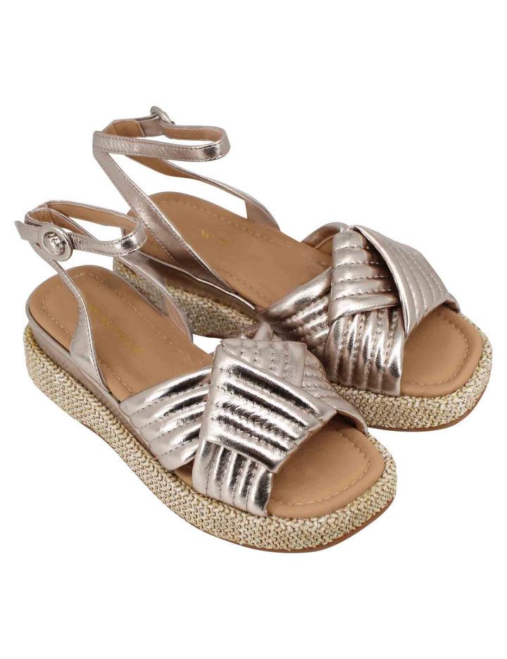 Spatarella Sandali donna in pelle laminata platino con zeppa in corda e cinturino alla caviglia Offerta settimanale