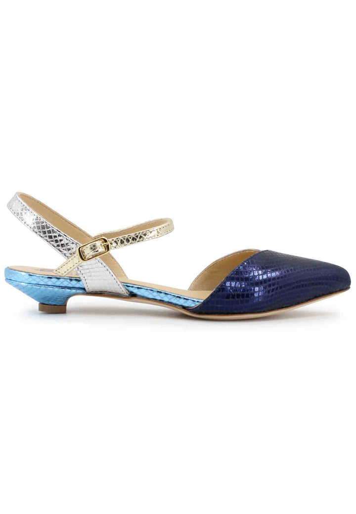 Spatarella Sandali bassi donna in pelle laminata blu punta chiusa con cinturino alla caviglia Fino al 60% di sconto