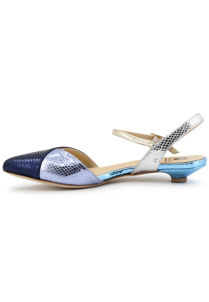 Spatarella Sandali bassi donna in pelle laminata blu punta chiusa con cinturino alla caviglia Fino al 60% di sconto
