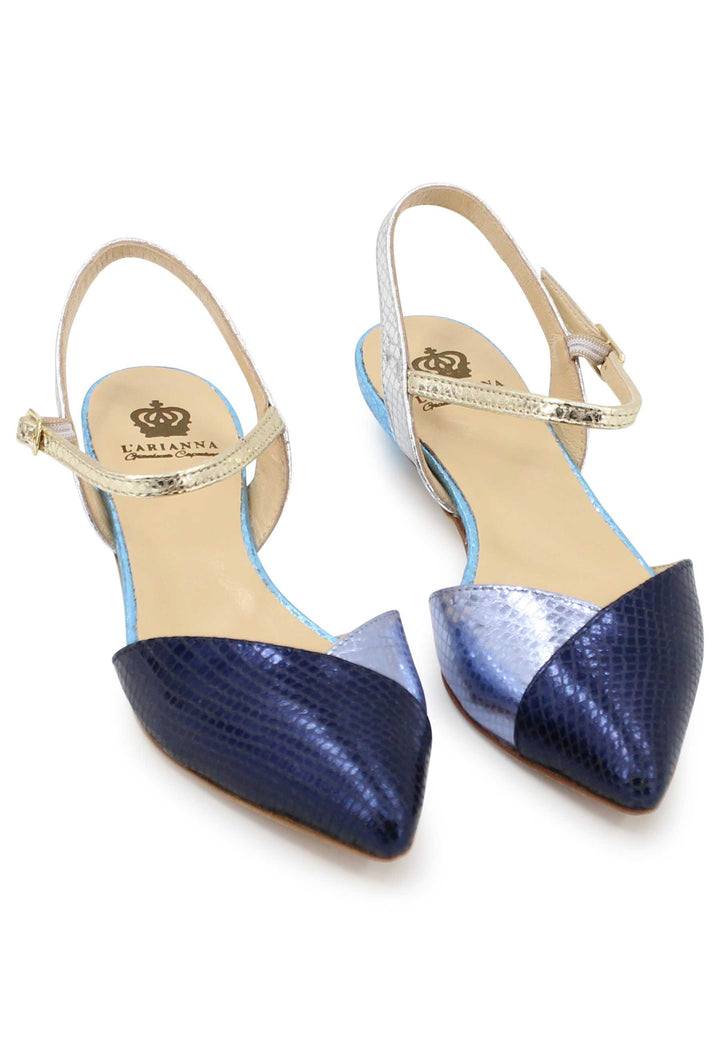 Spatarella Sandali bassi donna in pelle laminata blu punta chiusa con cinturino alla caviglia Fino al 60% di sconto