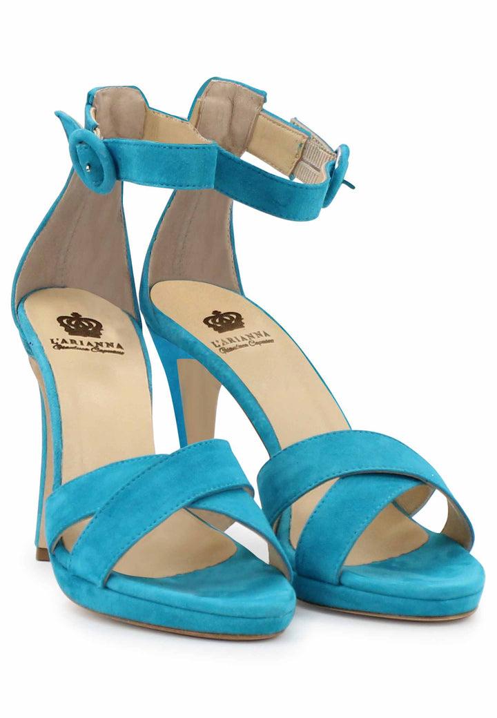 Spatarella Sandali donna in pelle azzurra con tacco alto e cinturino alla caviglia Fino al 55% di sconto