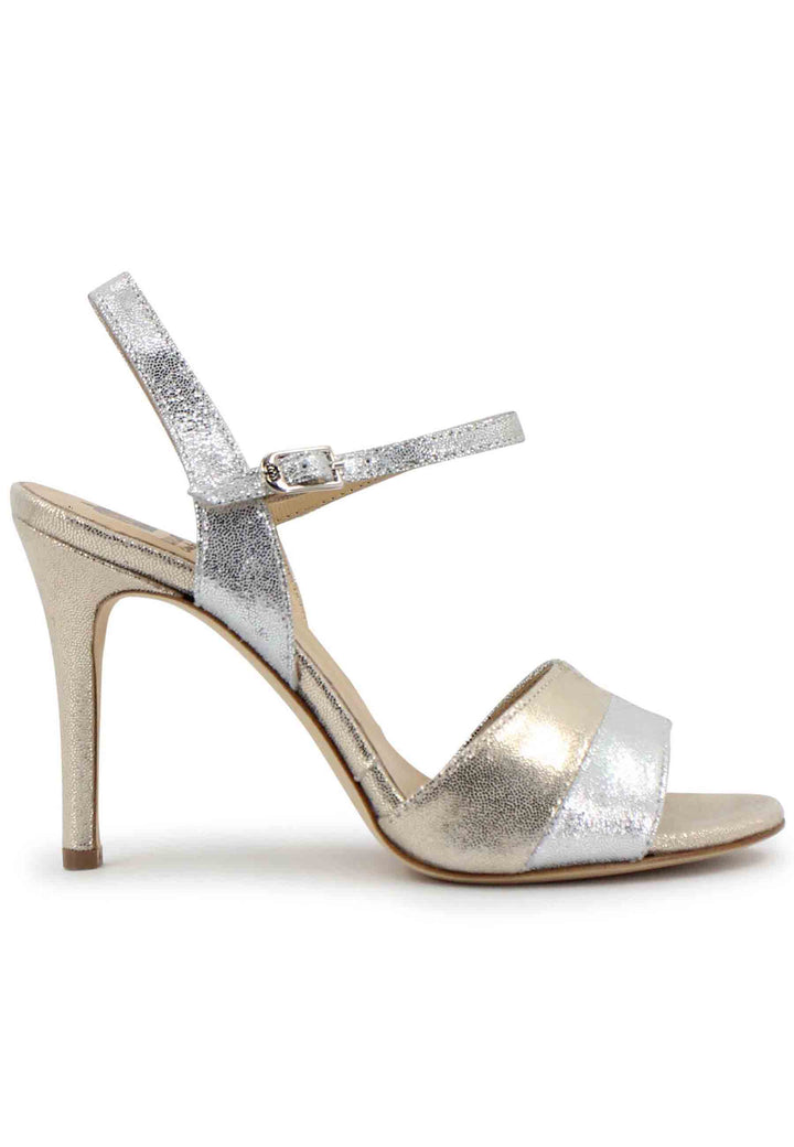 Spatarella Sandali donna in pelle laminata argento con tacco alto e cinturino alla caviglia 50% di sconto con spedizione gratuita