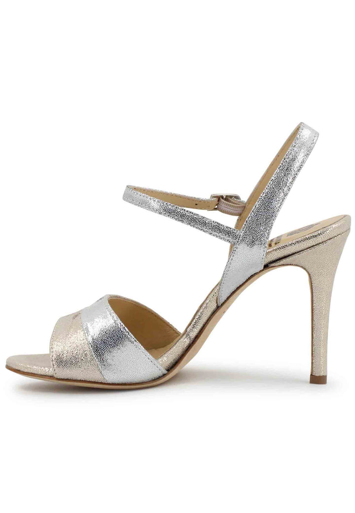 Spatarella Sandali donna in pelle laminata argento con tacco alto e cinturino alla caviglia 50% di sconto con spedizione gratuita