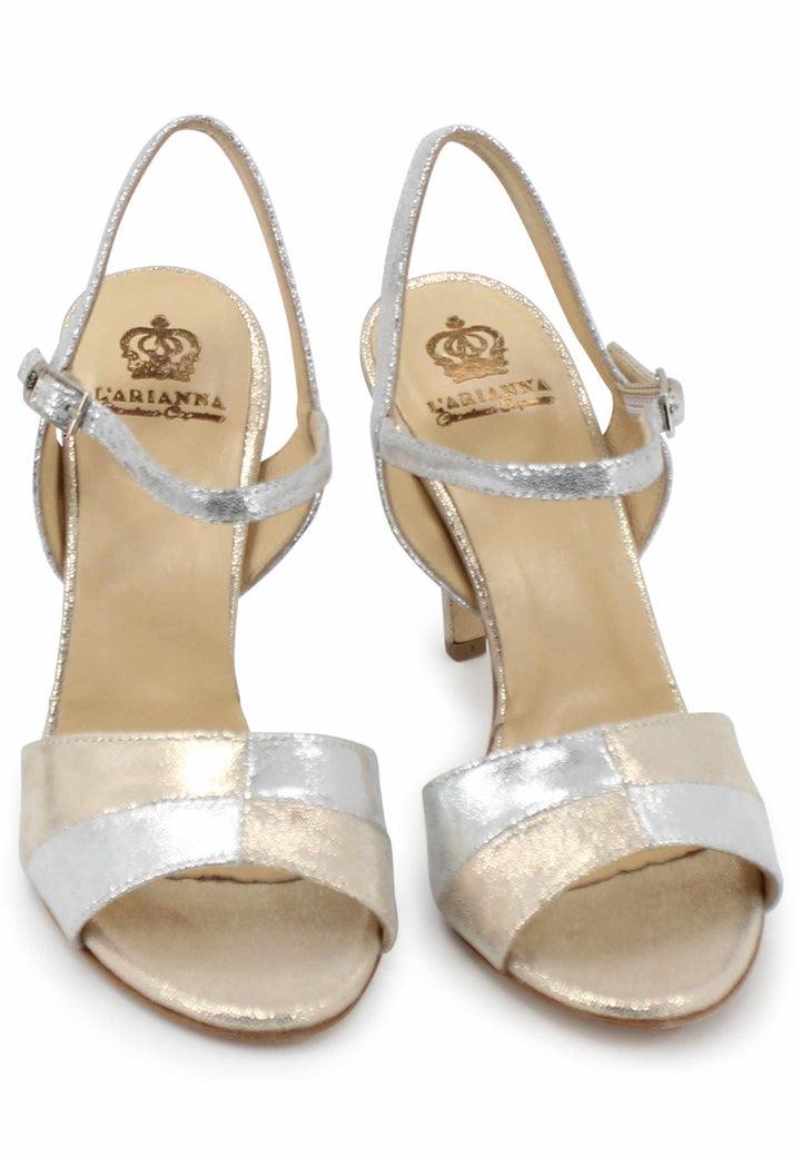 Spatarella Sandali donna in pelle laminata argento con tacco alto e cinturino alla caviglia 50% di sconto con spedizione gratuita