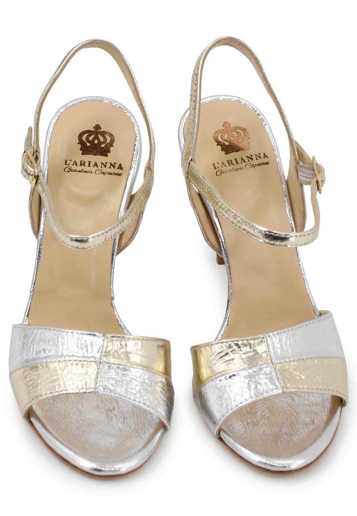 Spatarella Sandali donna in pelle laminata oro con tacco alto e cinturino alla caviglia Limitato a 3 giorni
