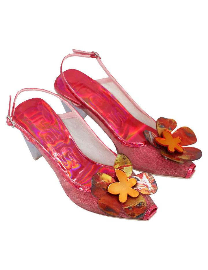 Spatarella Decollete slingback donna in tessuto fuxia laminato con tacco alto Sottocosto