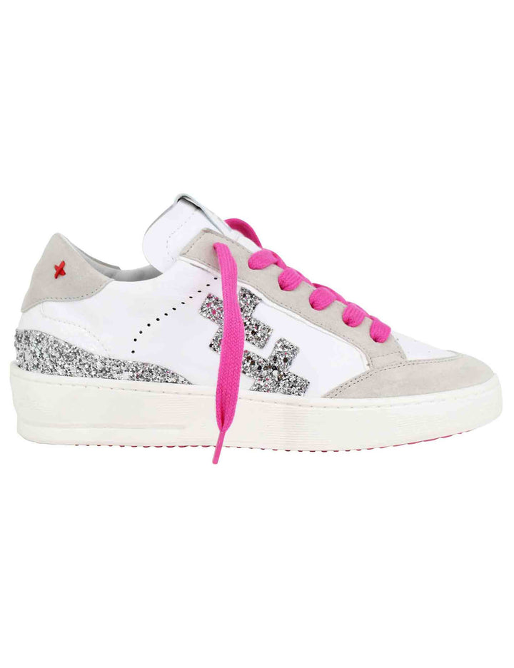 Spatarella Sneakers donna in pelle bianca con riporti in glitter argento Offerta