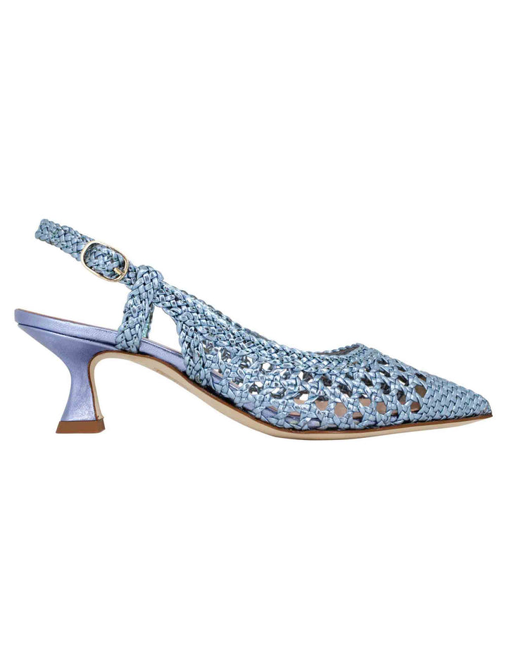 Spatarella Decollete slingback donna in pelle intrecciata laminata celeste con tacco in tinta Economico