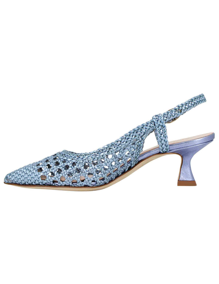 Spatarella Decollete slingback donna in pelle intrecciata laminata celeste con tacco in tinta Economico