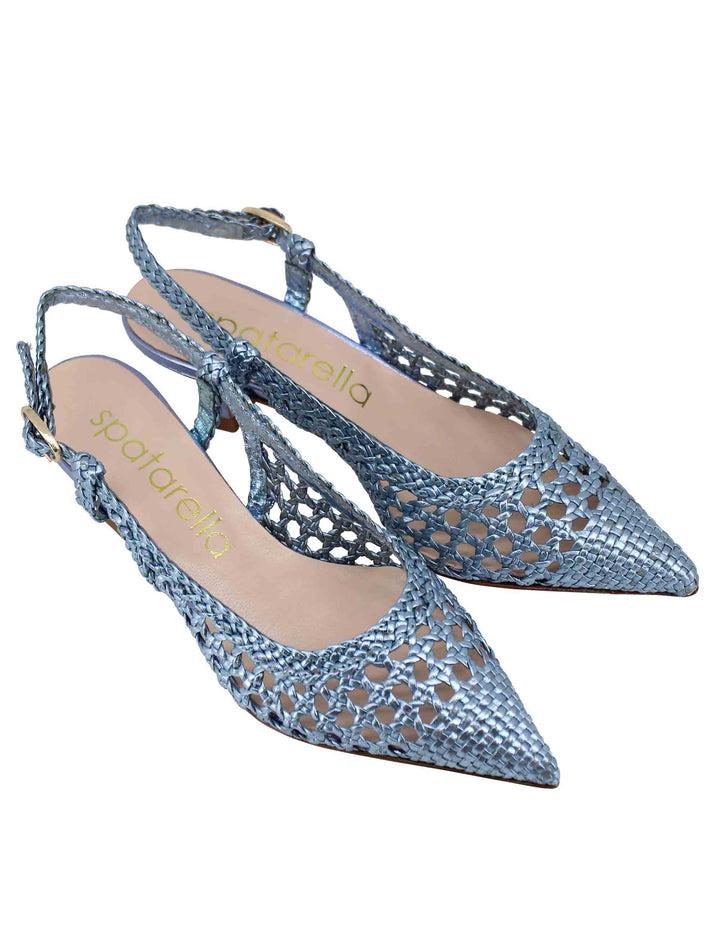 Spatarella Decollete slingback donna in pelle intrecciata laminata celeste con tacco in tinta Economico