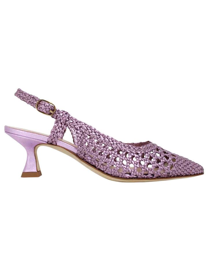 Spatarella Decollete slingback donna in pelle intrecciata laminata lilla con tacco in tinta Saldi