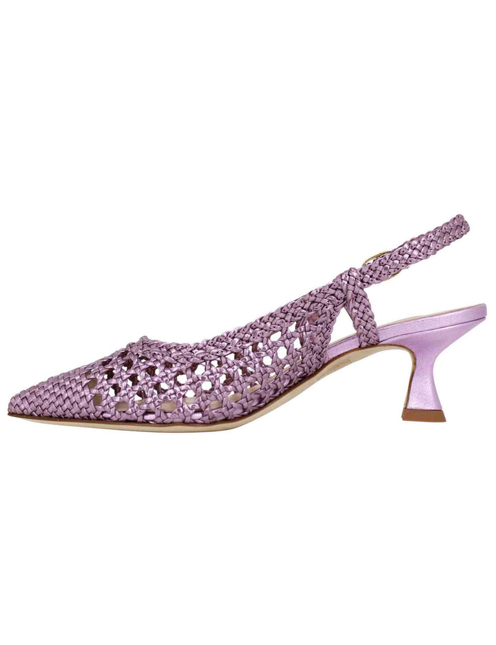 Spatarella Decollete slingback donna in pelle intrecciata laminata lilla con tacco in tinta Saldi