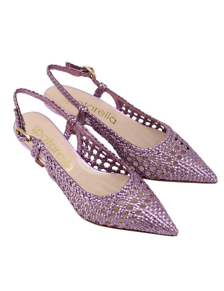 Spatarella Decollete slingback donna in pelle intrecciata laminata lilla con tacco in tinta Saldi