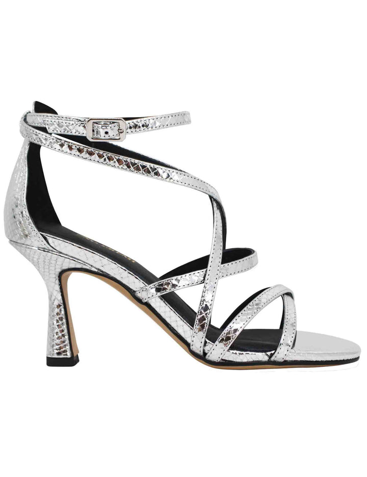 Spatarella Sandali donna in pelle laminata stampata argento con tacco alto e cinturini Saldi Di Fabbrica