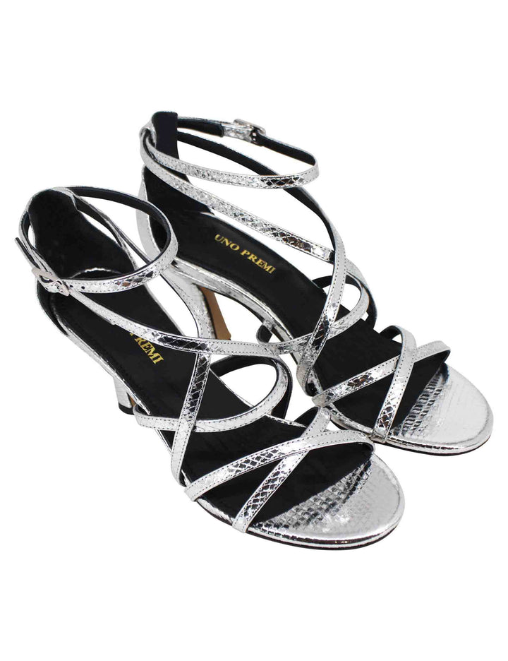 Spatarella Sandali donna in pelle laminata stampata argento con tacco alto e cinturini Saldi Di Fabbrica