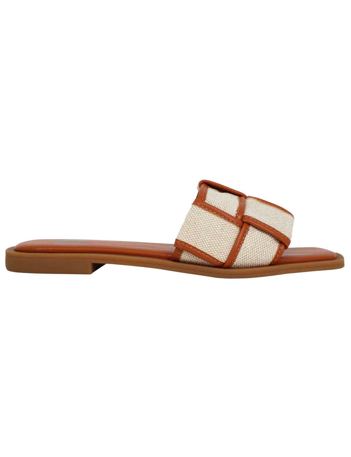 Spatarella Sandali flat donna in eco pelle cuoio intrecciato con tessuto a contrasto Desa Vendite Flash